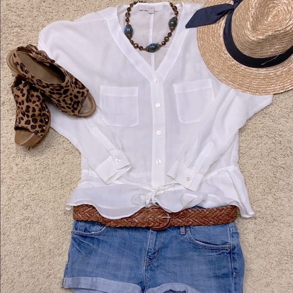 Ann Taylor Loft Cinched Tie Waist V-Neck Top Lightweight Sheer Button Up Size XS - Picture 2 of 8